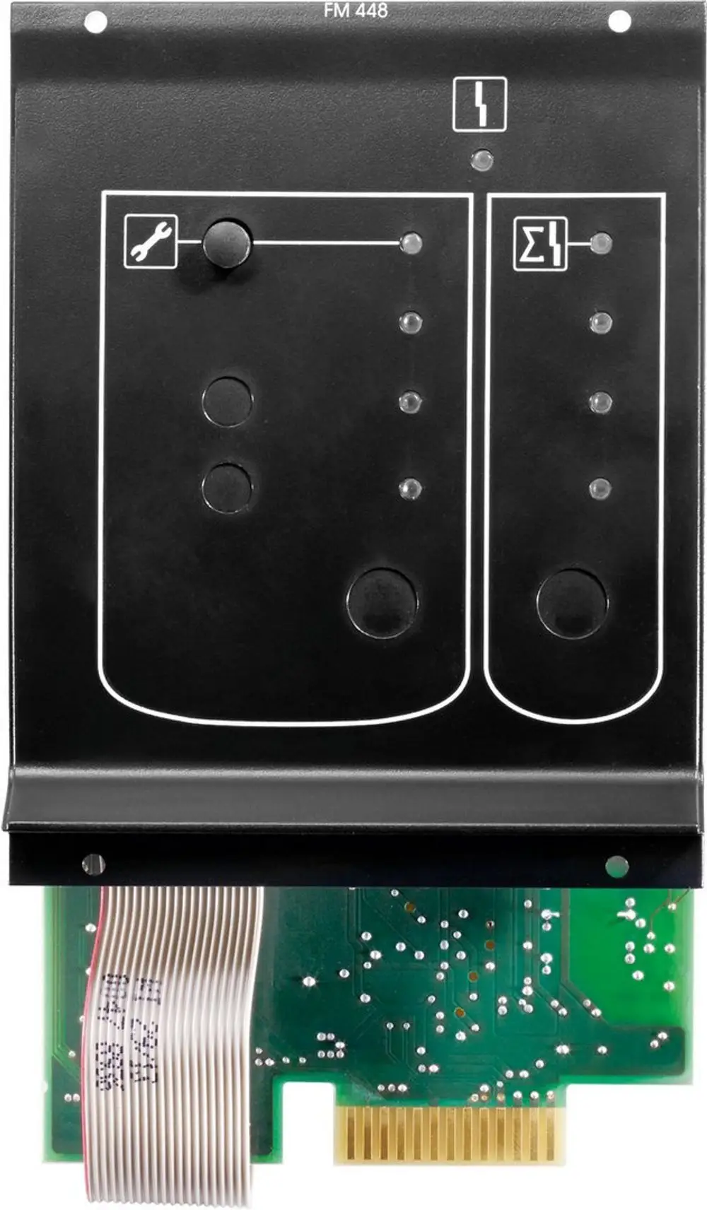 Schwarze Frontplatte von Bosch mit Bedienknöpfen und LEDs auf der Oberfläche, ausgestattet mit einer Anschlussplatine und Kabelverbindung auf der Unterseite.